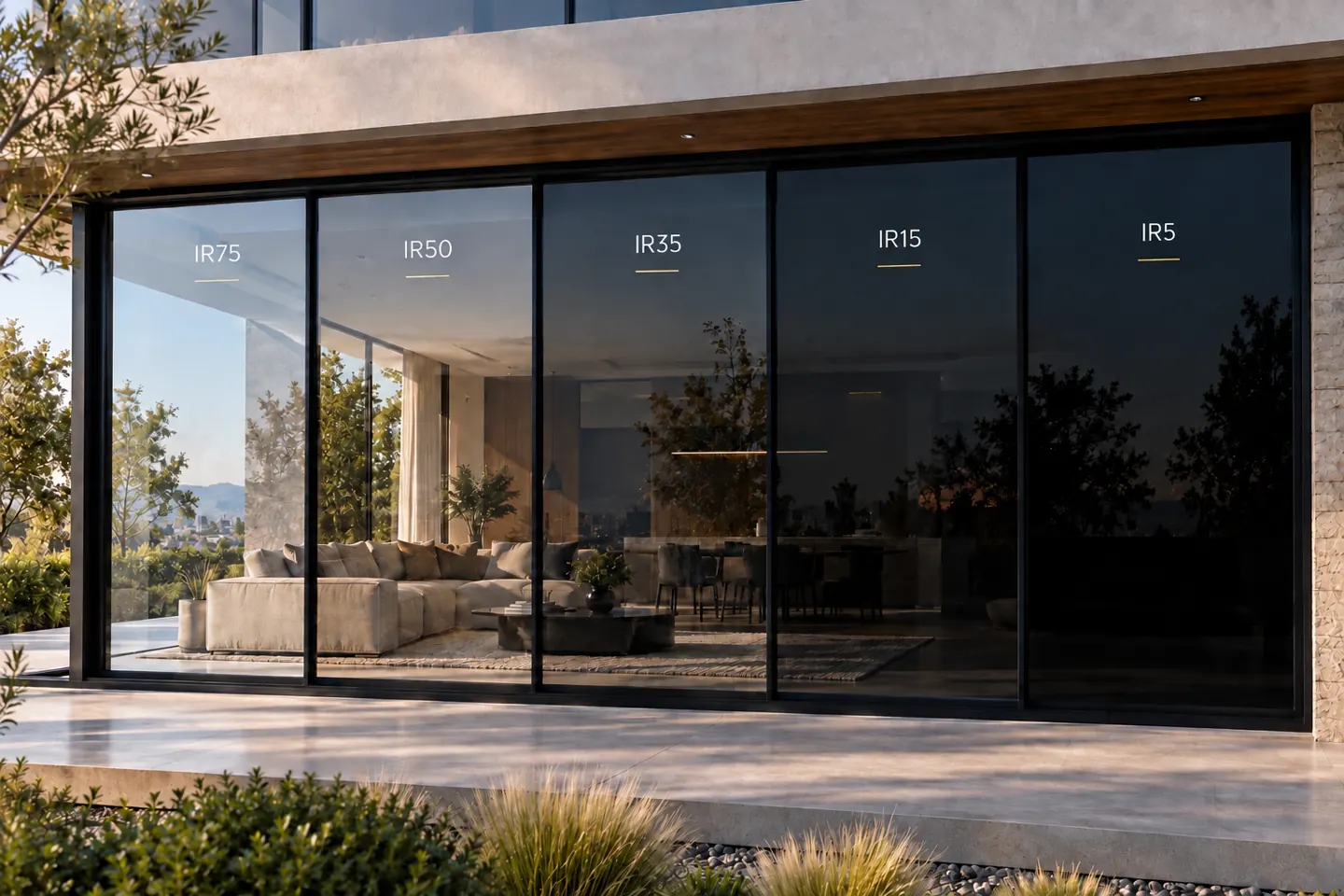 Fachada de una casa con ventanas marcadas 75%, 50%, 35%, 15% y 5%, para comparar el tono de la gama nanocerámica.