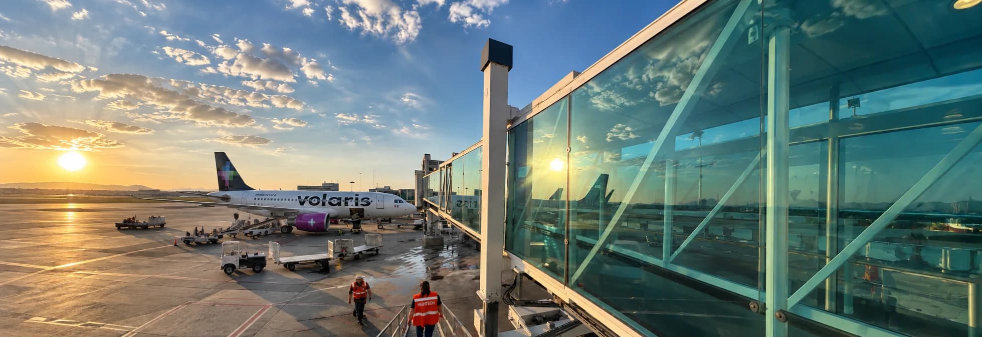 Pasillo acristalado junto a la plataforma del Aeropuerto Internacional de Guadalajara al atardecer.