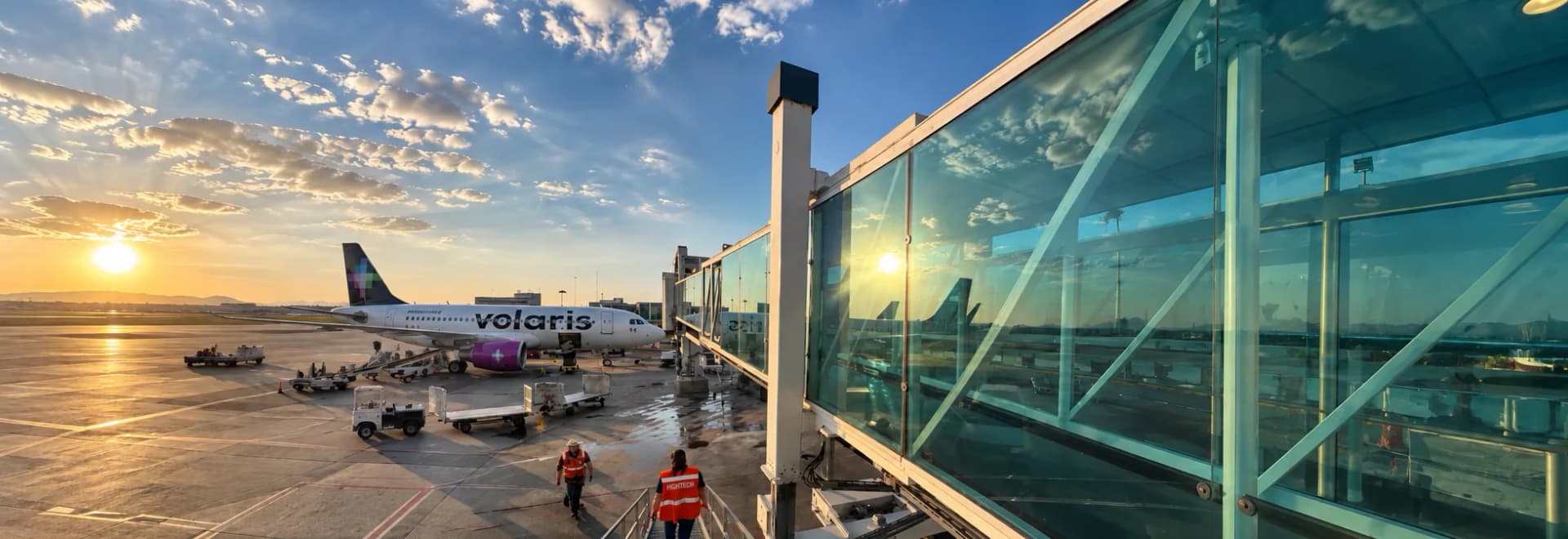 Pasillo acristalado junto a la plataforma del Aeropuerto Internacional de Guadalajara al atardecer.